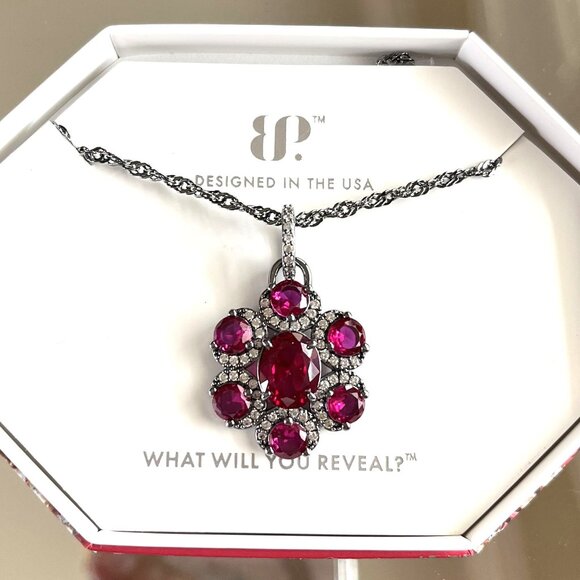 Bomb Party Jewelry - Bomb Party Necklace "RUBY BLISS" LC Ruby & Cz On Rhodium July Flower NK48929 NEW